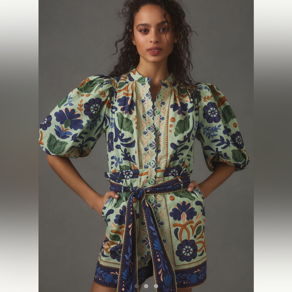 Farm Rio Green Ocean Tapestry Belted Romper